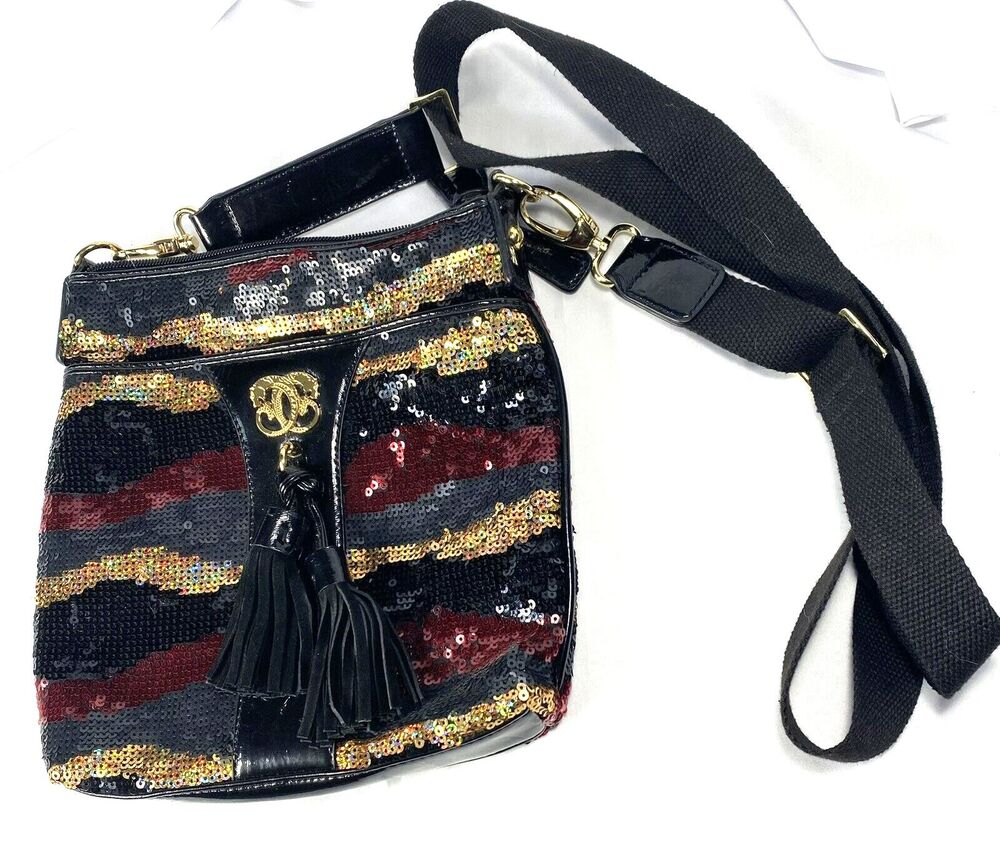 Sharif Sequin Tasseled Cross Body Bag Purse Animal Print Interior EUC